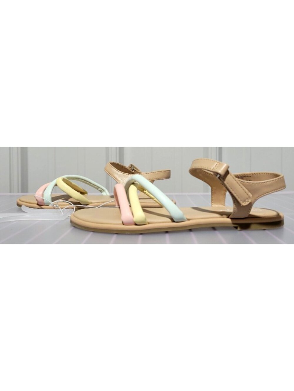 Big Girls' Footbed Sandals Size 5 Cat & Jack Anja Pink Yellow Green Pastel Strap - Picture 2 of 6